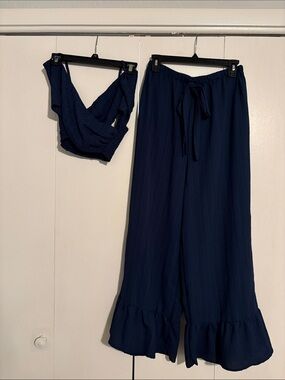 SHEIN Navy Wide-Leg Ruffle Hem Pants with Tie Waist